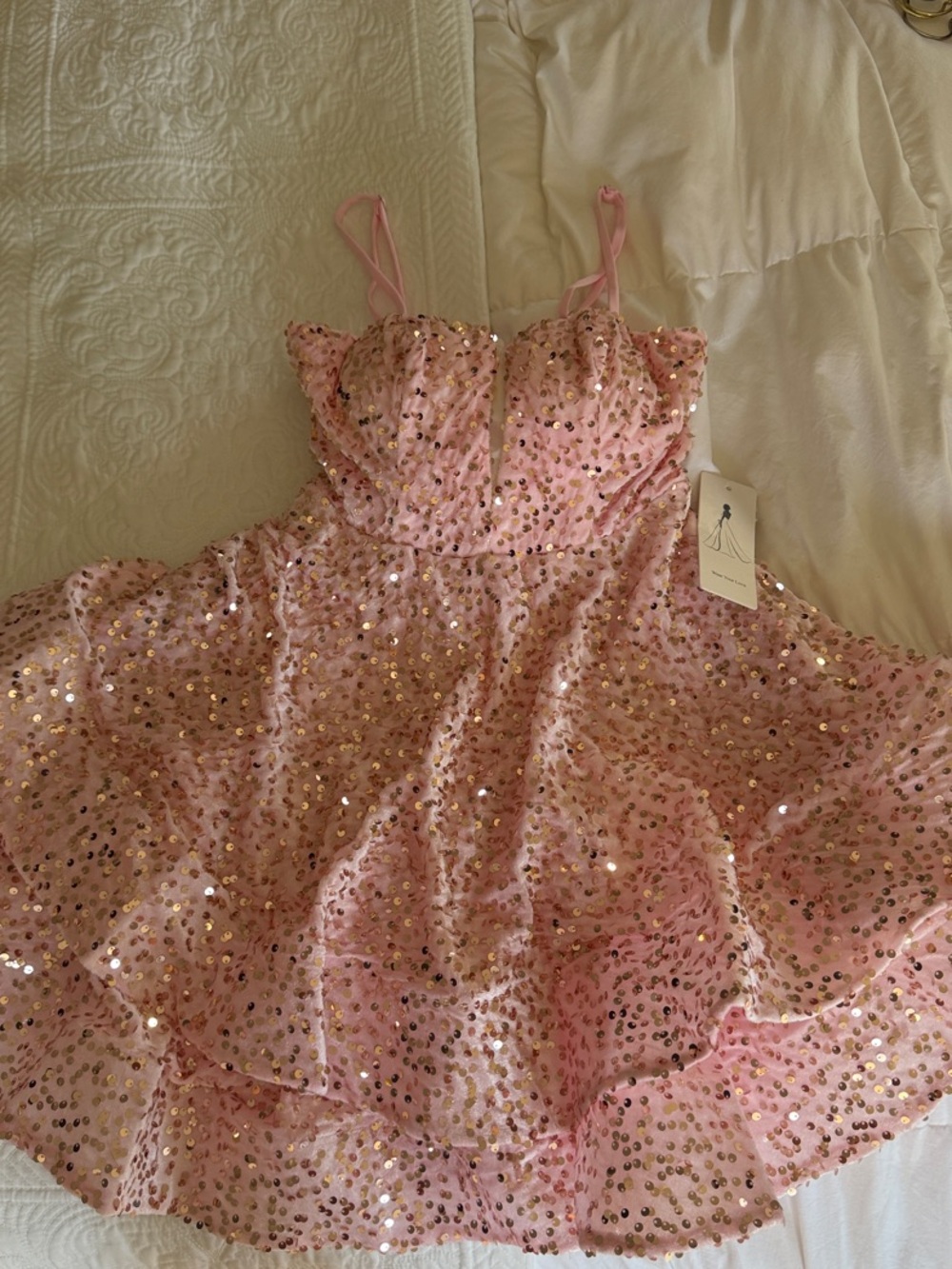 Pink Sequin Lace-Up Dress